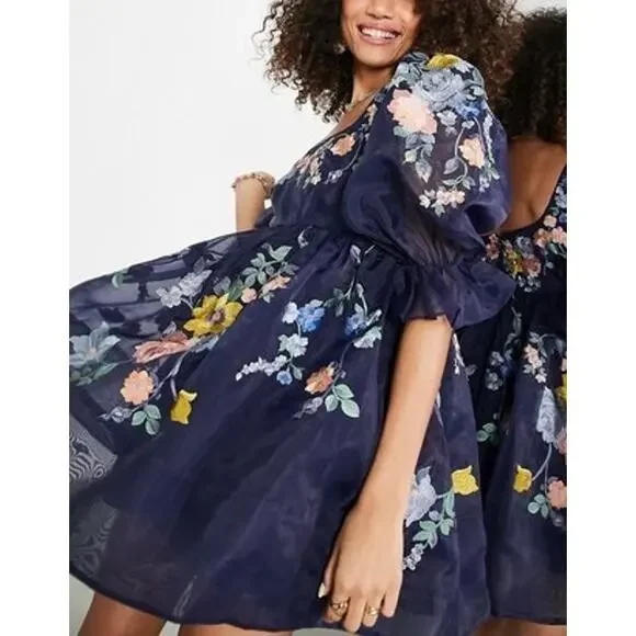 ASOS Floral Embroidered Tulle Puff Sleeve Babydoll Dress Size 14 Navy Multi - Picture 8 of 8
